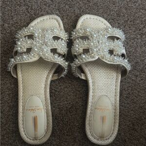 Jack Rogers Cream Pearl-Embellished Slide Sandals